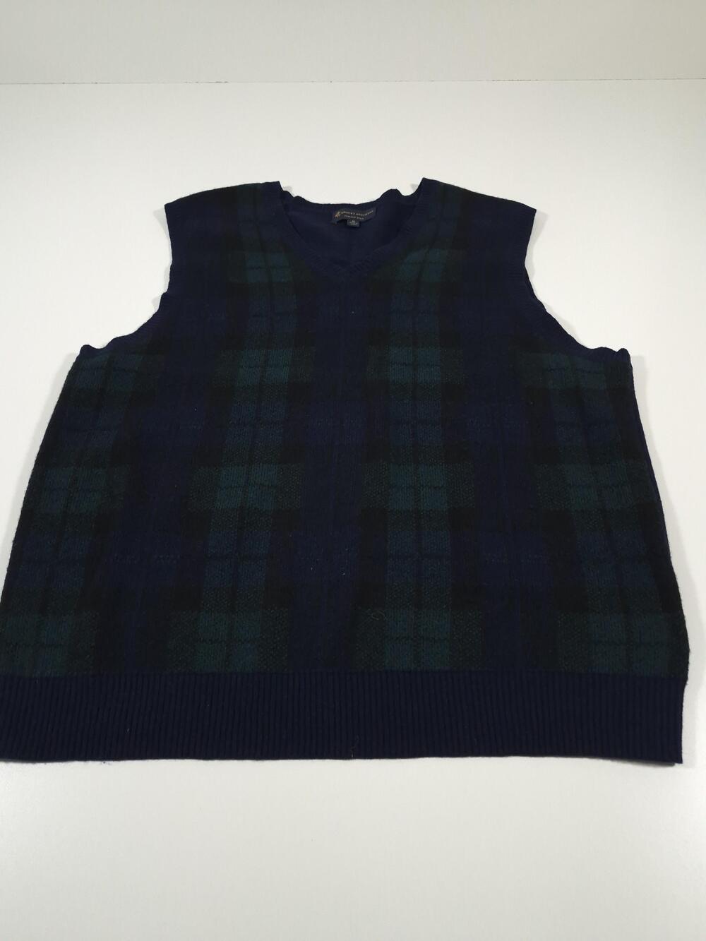 Brooks Brothers Sweater Vest Mens XL Blue Merino Wool Blend Plaid V Neck Knit
